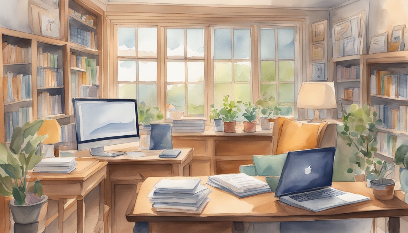 A cozy living room with a cluttered desk, a stack of textbooks, and a laptop open to a college website.</p><p>A calendar on the wall shows upcoming deadlines.</p><p>A bulletin board with important reminders and a grocery list hangs nearby