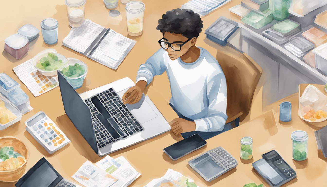 A college student sits at a table with a calculator, budget planner, and meal plan.</p><p>They are surrounded by empty takeout containers and a stack of bills.</p><p>A laptop is open to a finance management website