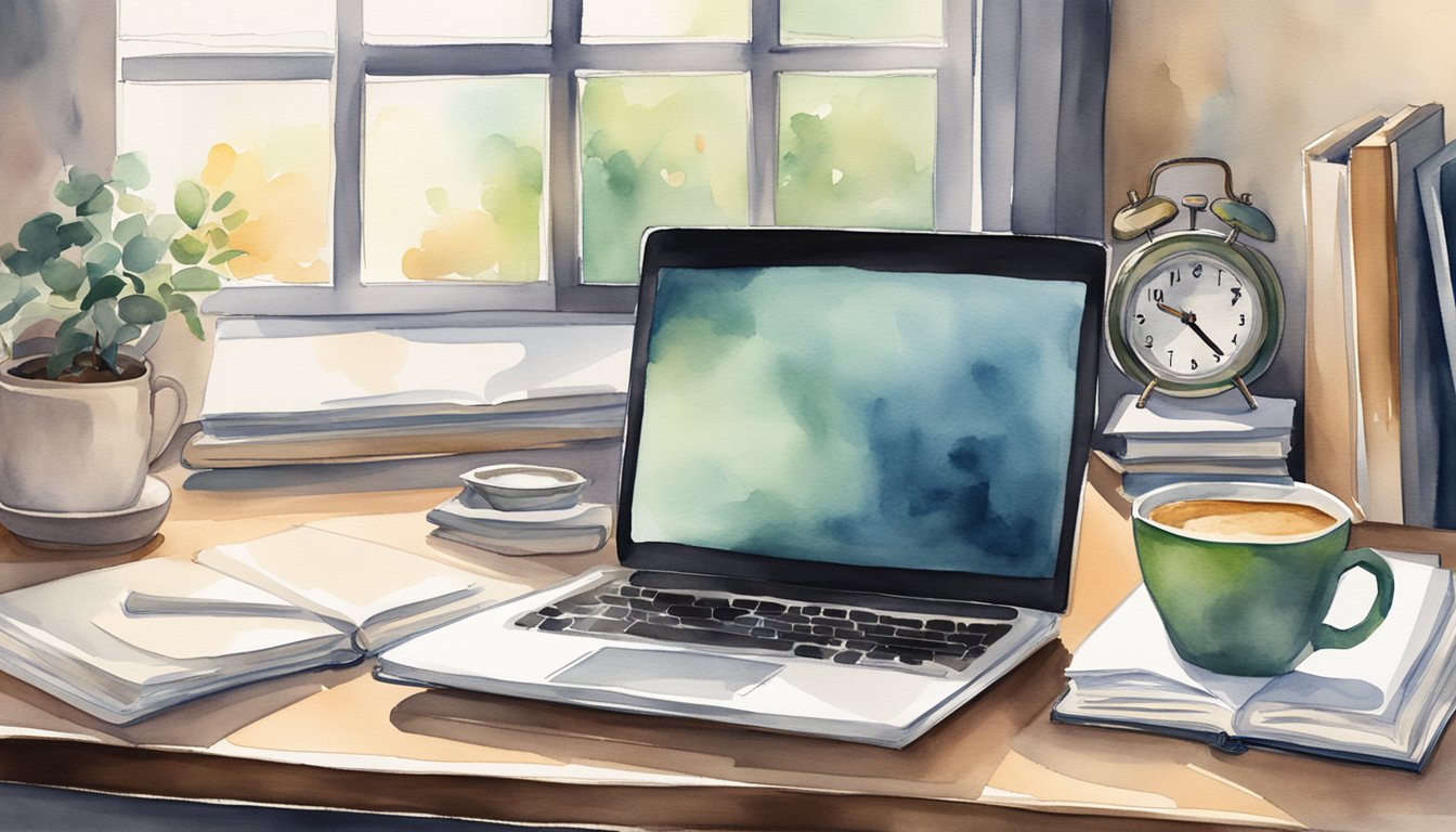 A laptop on a desk with an open textbook, a notepad, and a cup of coffee.</p><p>A clock on the wall shows the time, and a window lets in natural light