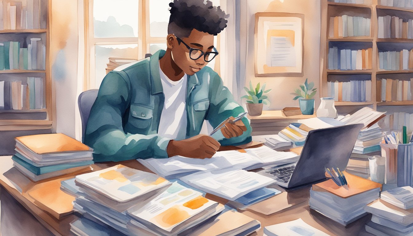 A college student sits at a desk, surrounded by books and papers.</p><p>They are researching and applying for scholarships and grants while also managing their finances with a budgeting app