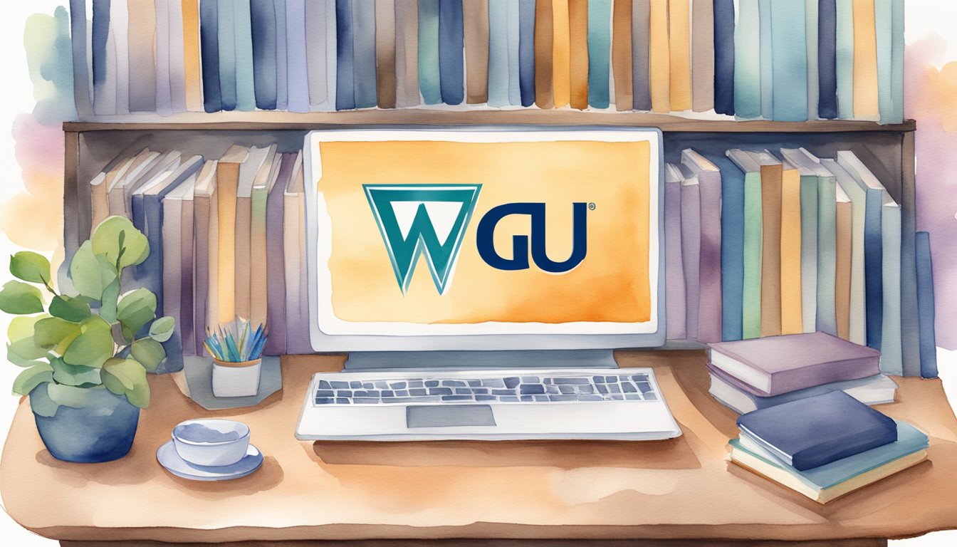 A computer with a WGU logo on the screen surrounded by books and a cozy study area