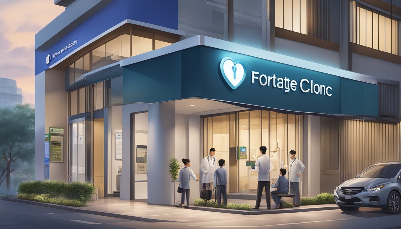 A modern, well-lit cardiology clinic with a prominent sign displaying "Forte Cardiology Clinic" and "Dr. Yong Thon Hon - SG Cardiologist". Operating hours are clearly posted