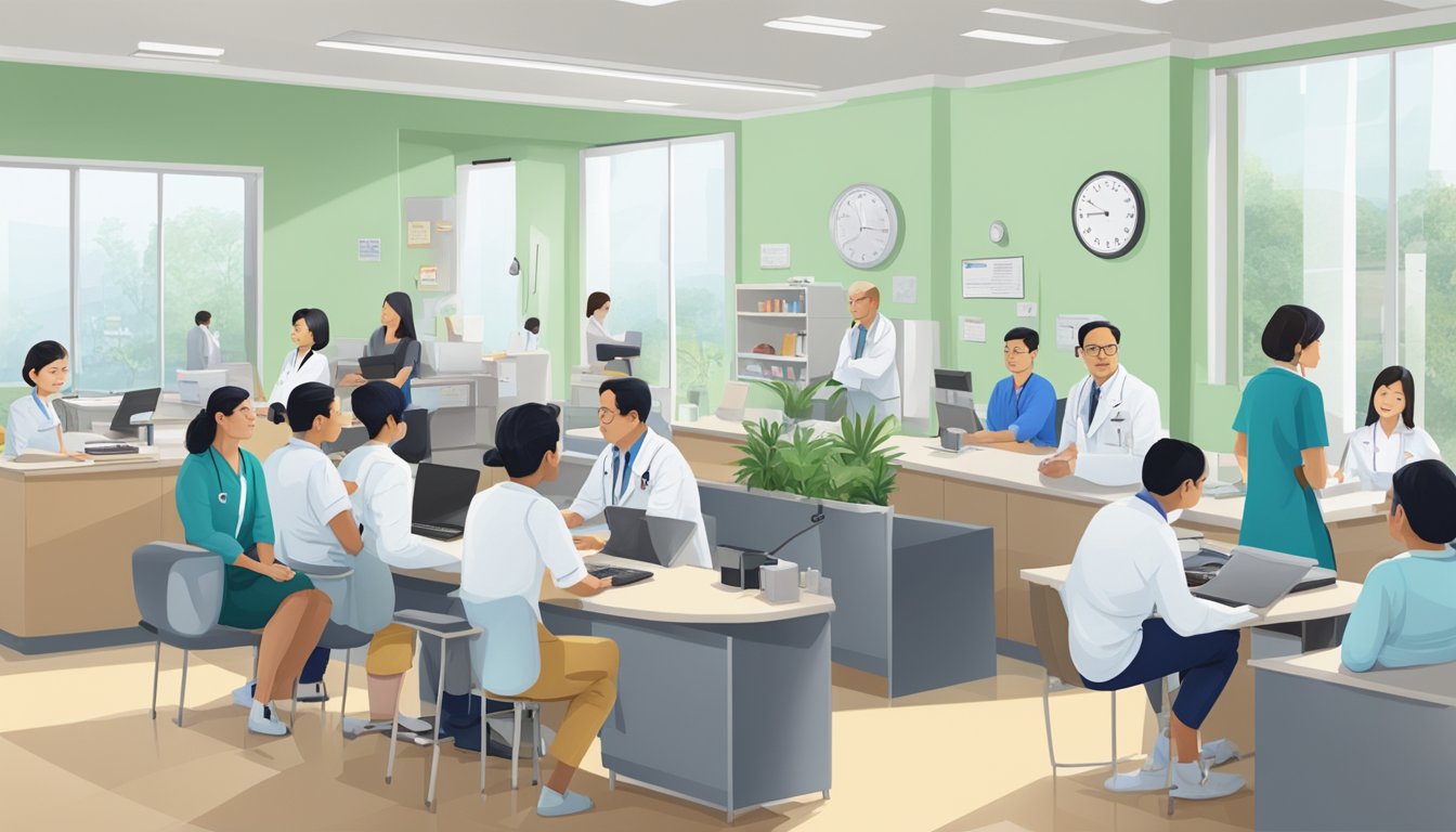 A busy cardiology clinic with patients waiting, receptionist at desk, and Dr. Yong Thon Hon answering questions