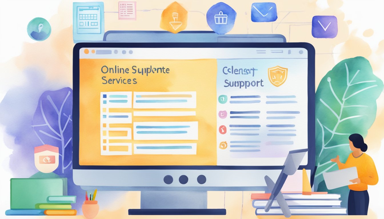 A computer screen displaying a list of top online colleges with effective student support services.</p><p>Icons representing various support services surround the screen