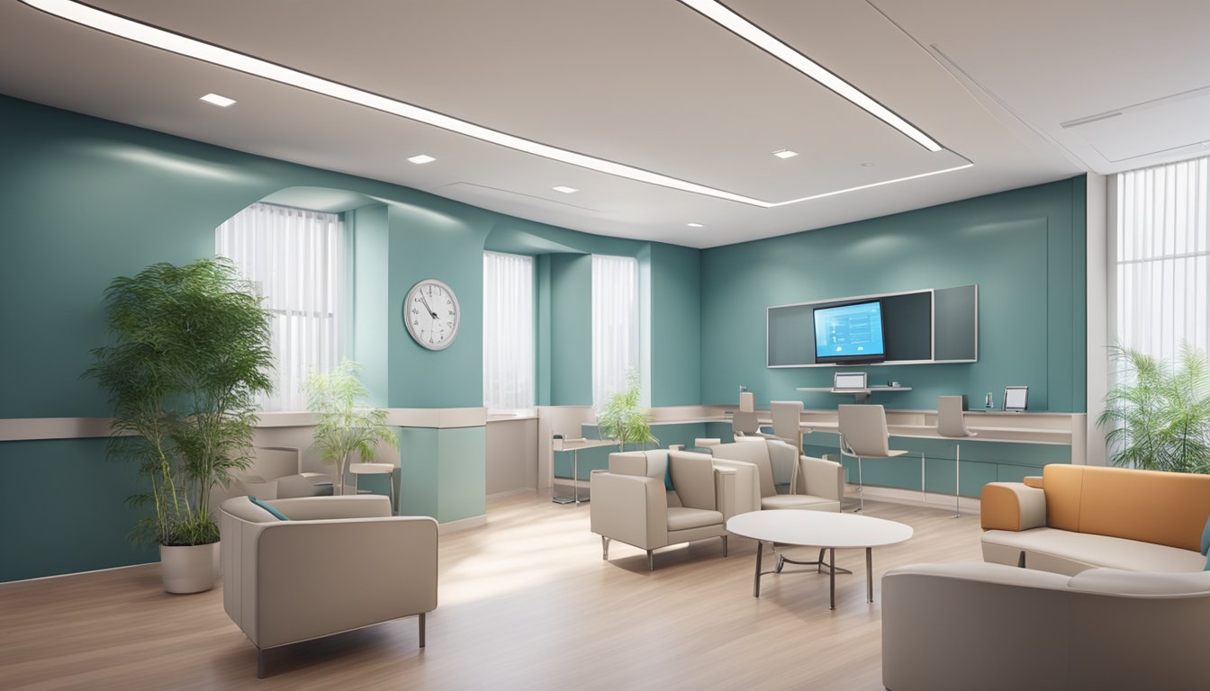 A modern cardiology clinic with sleek interior design, equipped with advanced medical equipment and a comfortable waiting area