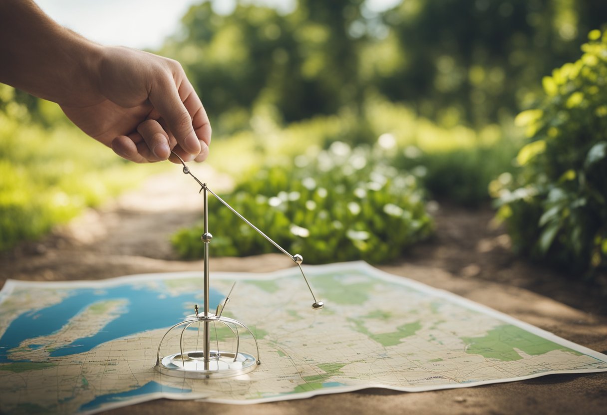 A pendulum swings over a map, indicating energy lines. A person holds a dowsing rod in a garden, searching for water