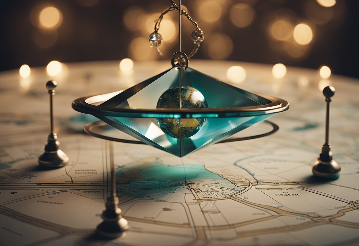 A pendulum swings over a map, detecting energy lines. Crystals and dowsing rods are arranged on a table. The room is filled with a calming, mystical atmosphere