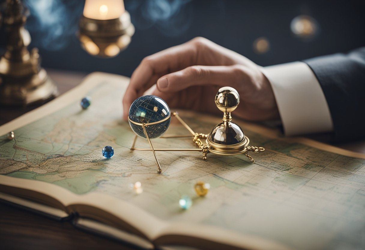 A pendulum hovering over a map, detecting energy fields. A person holding a pendulum over a book, seeking guidance. A room with crystals and dowsing rods, used for energy healing