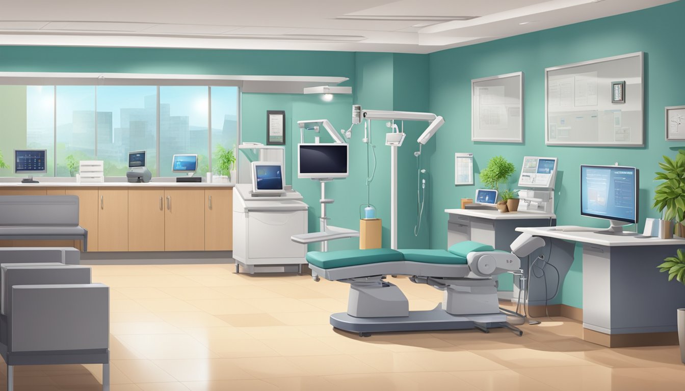 The scene depicts a modern cardiology clinic with medical equipment, computers, and a comfortable waiting area. The Doctor Expertise Julian Tan Heart Specialist Clinic sign is prominently displayed