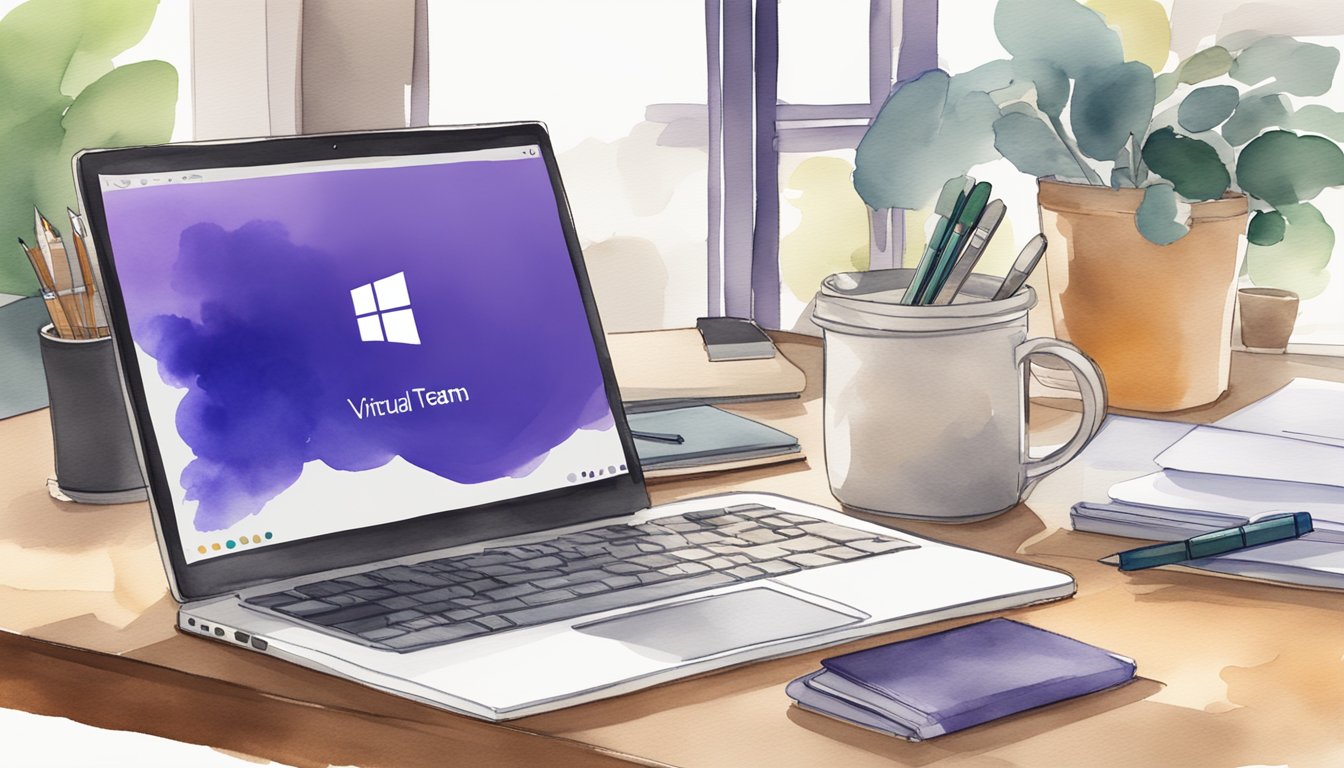 A laptop open to Microsoft Teams with virtual classroom tools displayed on the screen, surrounded by notebooks, pens, and a cup of coffee