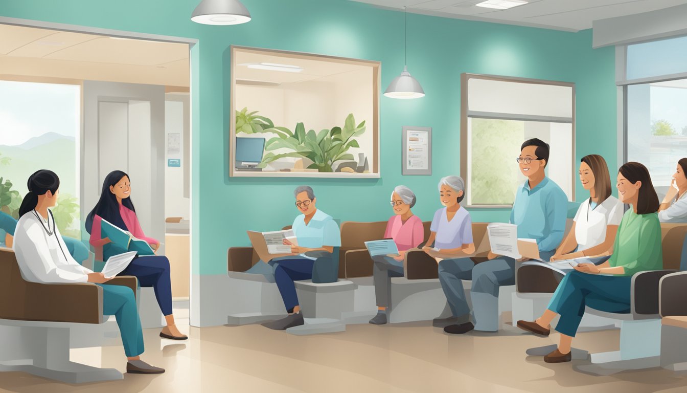 A bustling waiting room at Julian Tan Heart Specialist Clinic, with patients checking in at the front desk and others seated, reading magazines