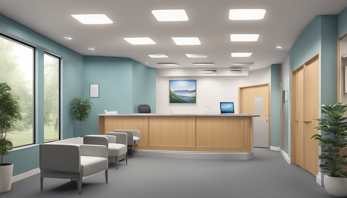 A modern, spacious cardiology clinic with state-of-the-art equipment, comfortable seating, and calming decor. The reception area is well-lit and welcoming, with a professional and friendly atmosphere