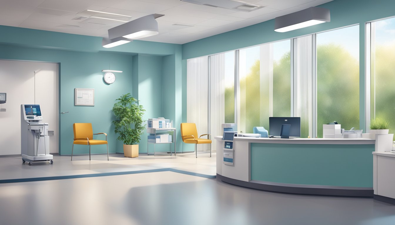 A modern, well-lit cardiology clinic with medical equipment and a welcoming reception area