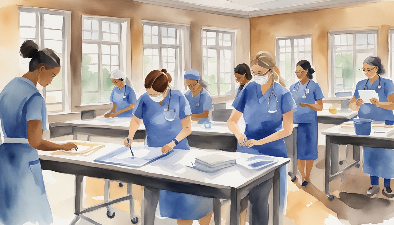 A group of nurses engaging in professional development activities, such as workshops and training sessions.</p><p>They are actively participating and learning new skills to improve their practice