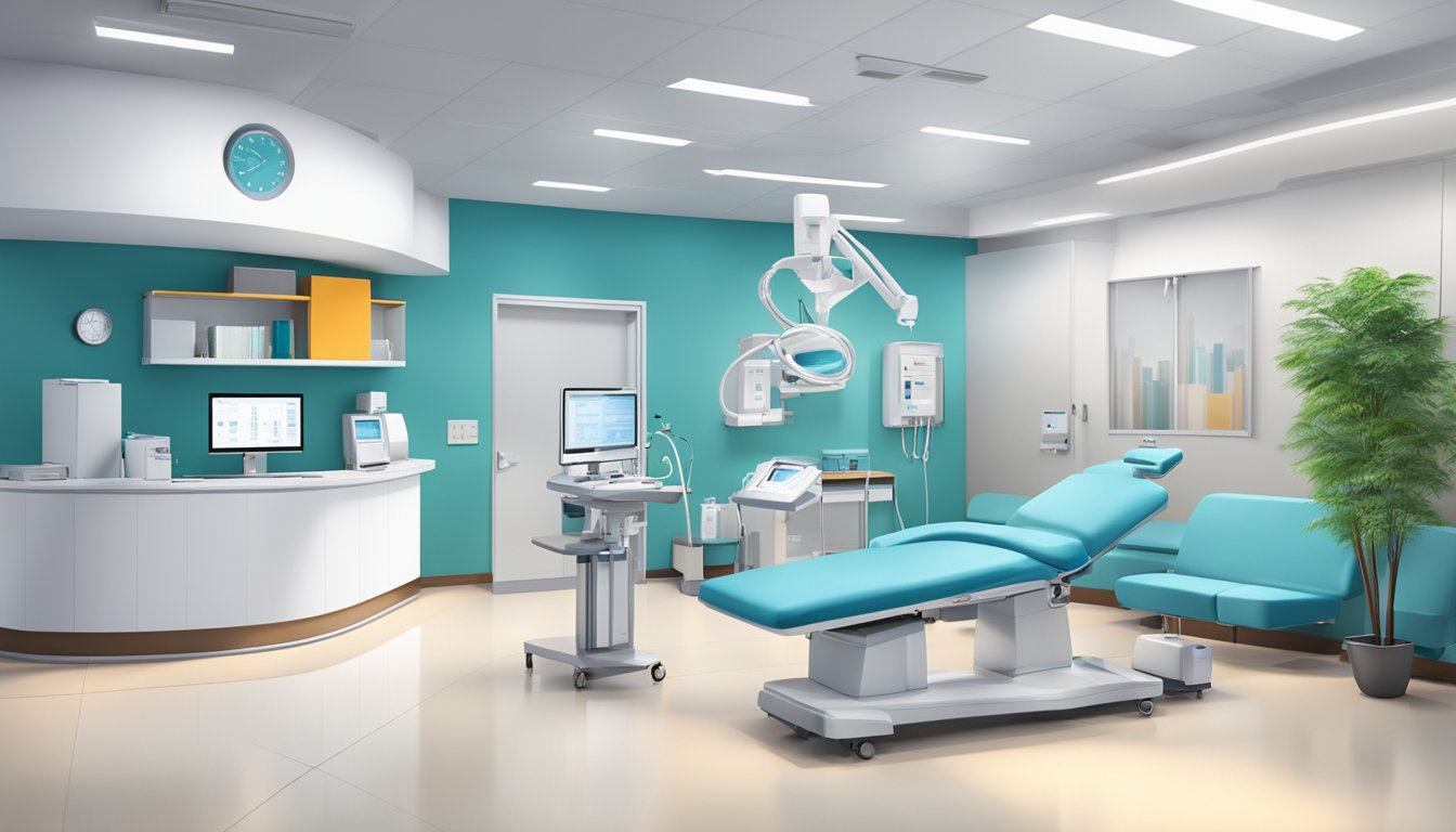 A modern clinic with a welcoming reception area, state-of-the-art medical equipment, and a team of professional staff ready to provide expert cardiology care