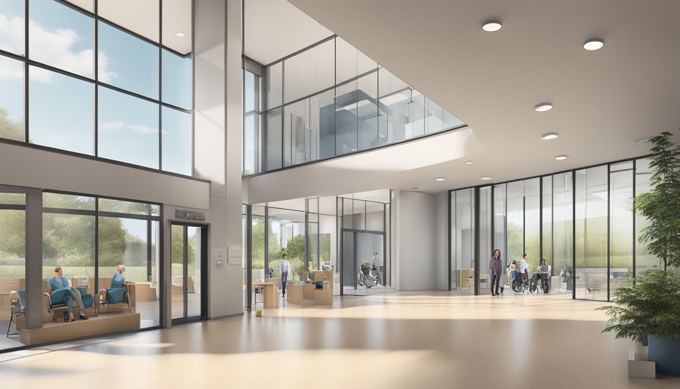The clinic's entrance is wide and accessible, with clear signage and a ramp for wheelchair users. The building is modern and well-maintained, with plenty of natural light streaming through the windows