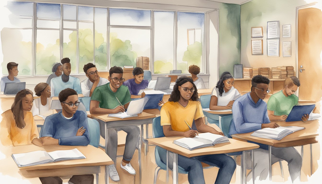 A diverse group of students studying in a modern, well-equipped community college classroom, with a prominent sign displaying "Affordable Tuition 7 Reasons to Consider Community College First."