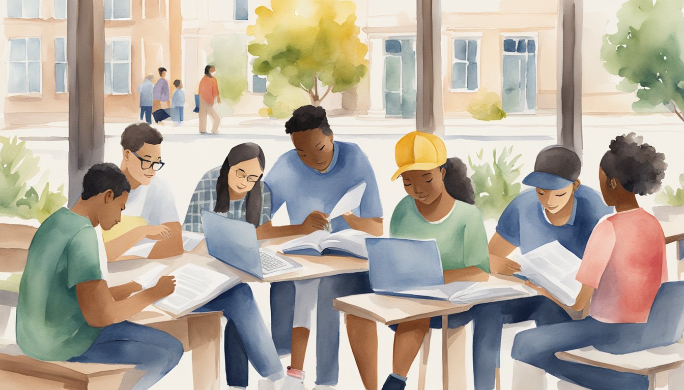 A diverse group of students studying at various times, representing flexible scheduling.</p><p>Text "7 Reasons to Consider Community College First" is prominently displayed