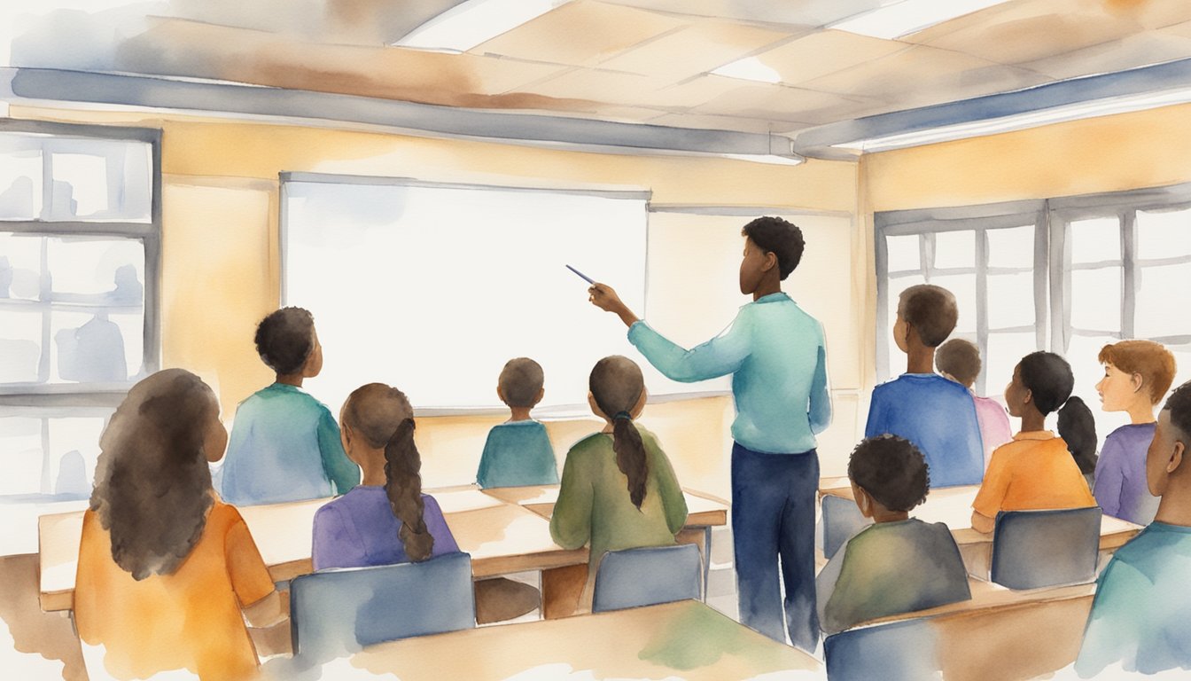 A teacher pointing to a whiteboard, surrounded by engaged students in a classroom setting at a community college