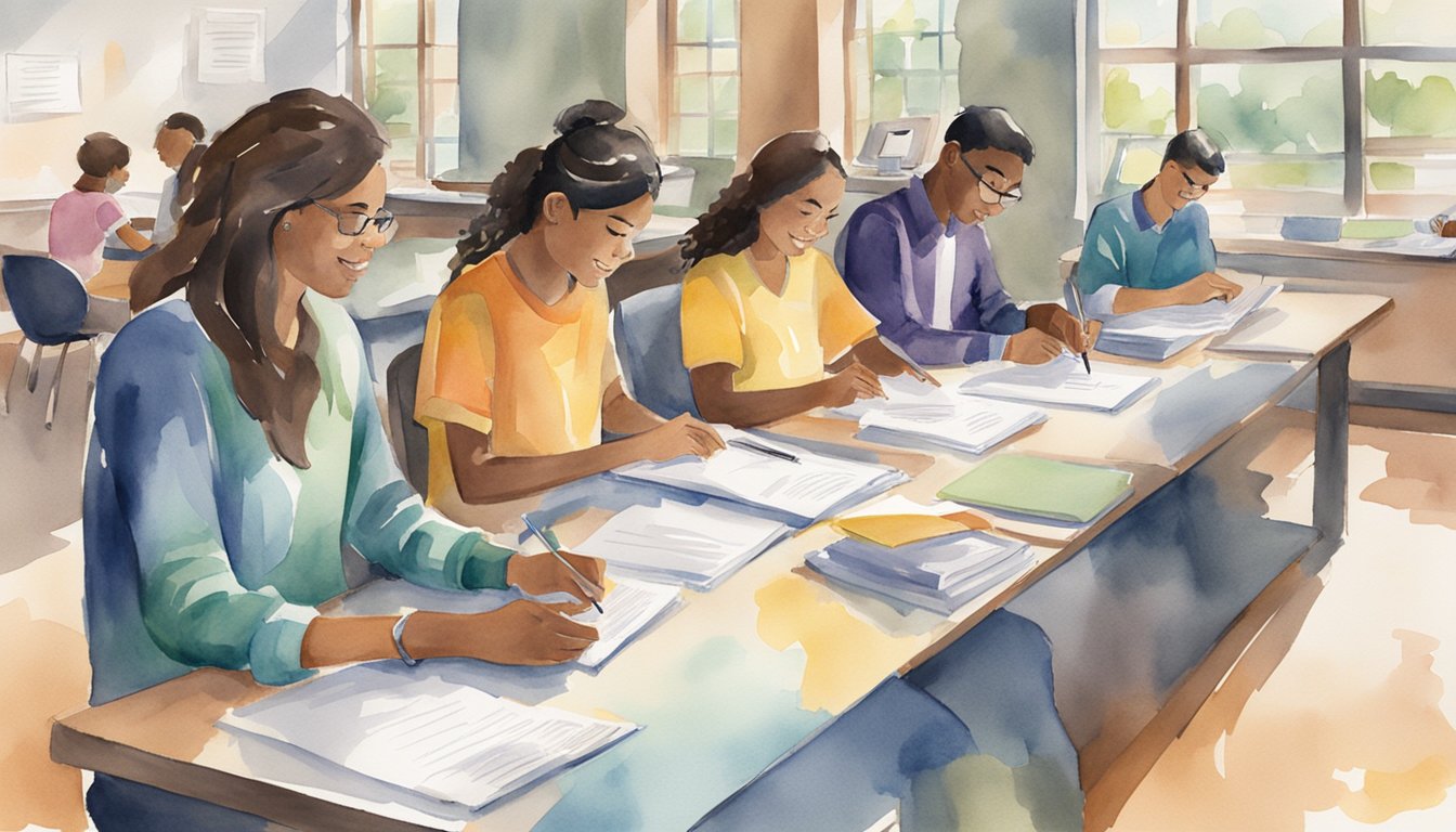 A group of students signing papers at a community college office.</p><p>Brochures and informational materials are spread out on the table.</p><p>The atmosphere is friendly and welcoming