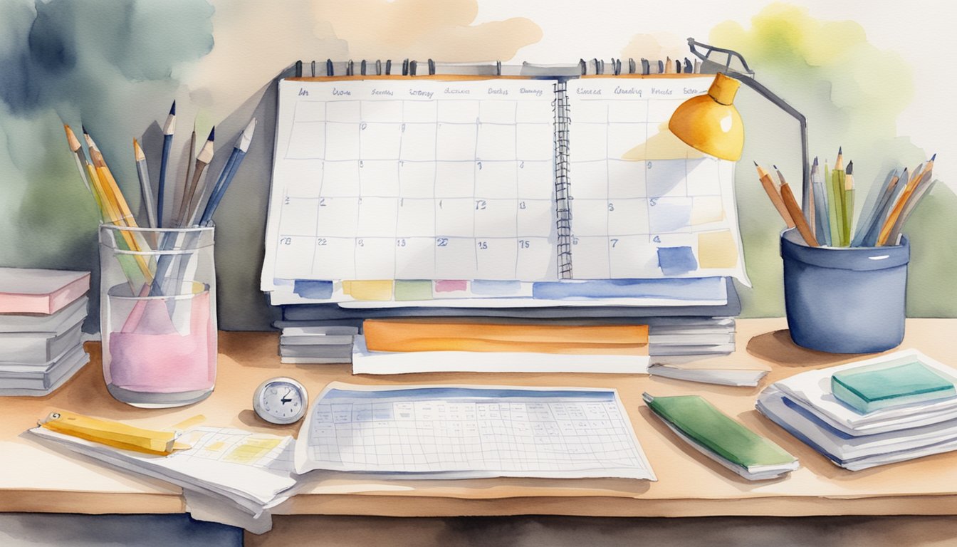 A desk with organized study materials, a calendar with highlighted deadlines, and a timer set for focused work