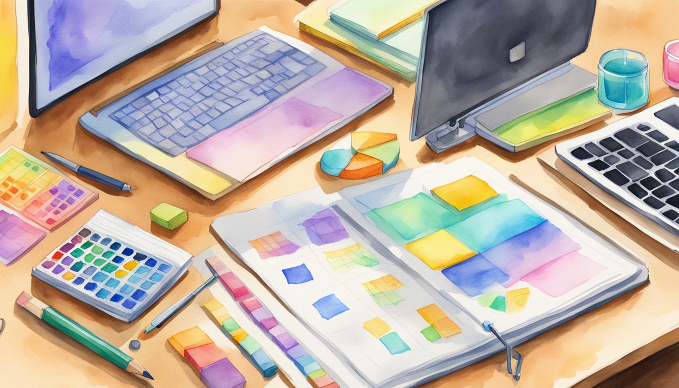 A desk with colorful charts, a timer, and a fidget toy.</p><p>Post-it notes with study tips.</p><p>A laptop open to a study guide