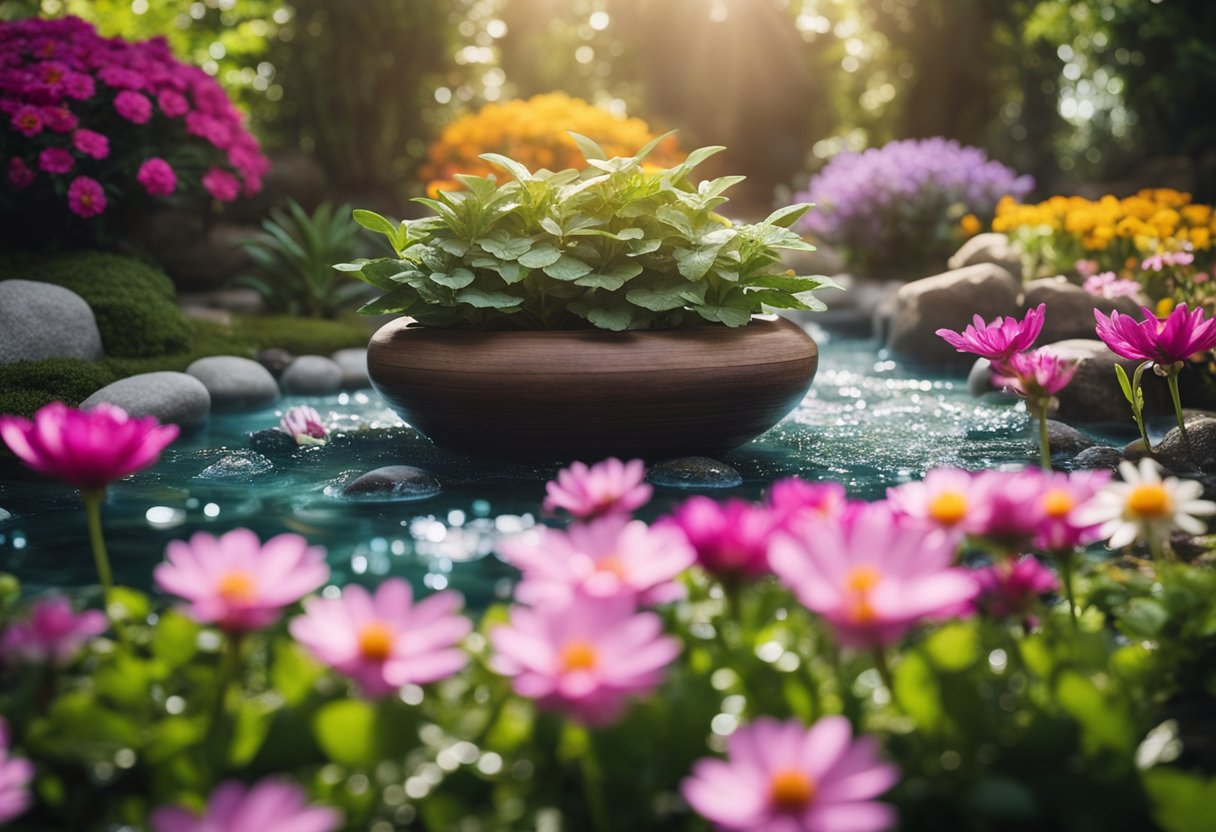 A serene garden with vibrant flowers and flowing water, surrounded by soothing crystals and incense, emanating healing energy