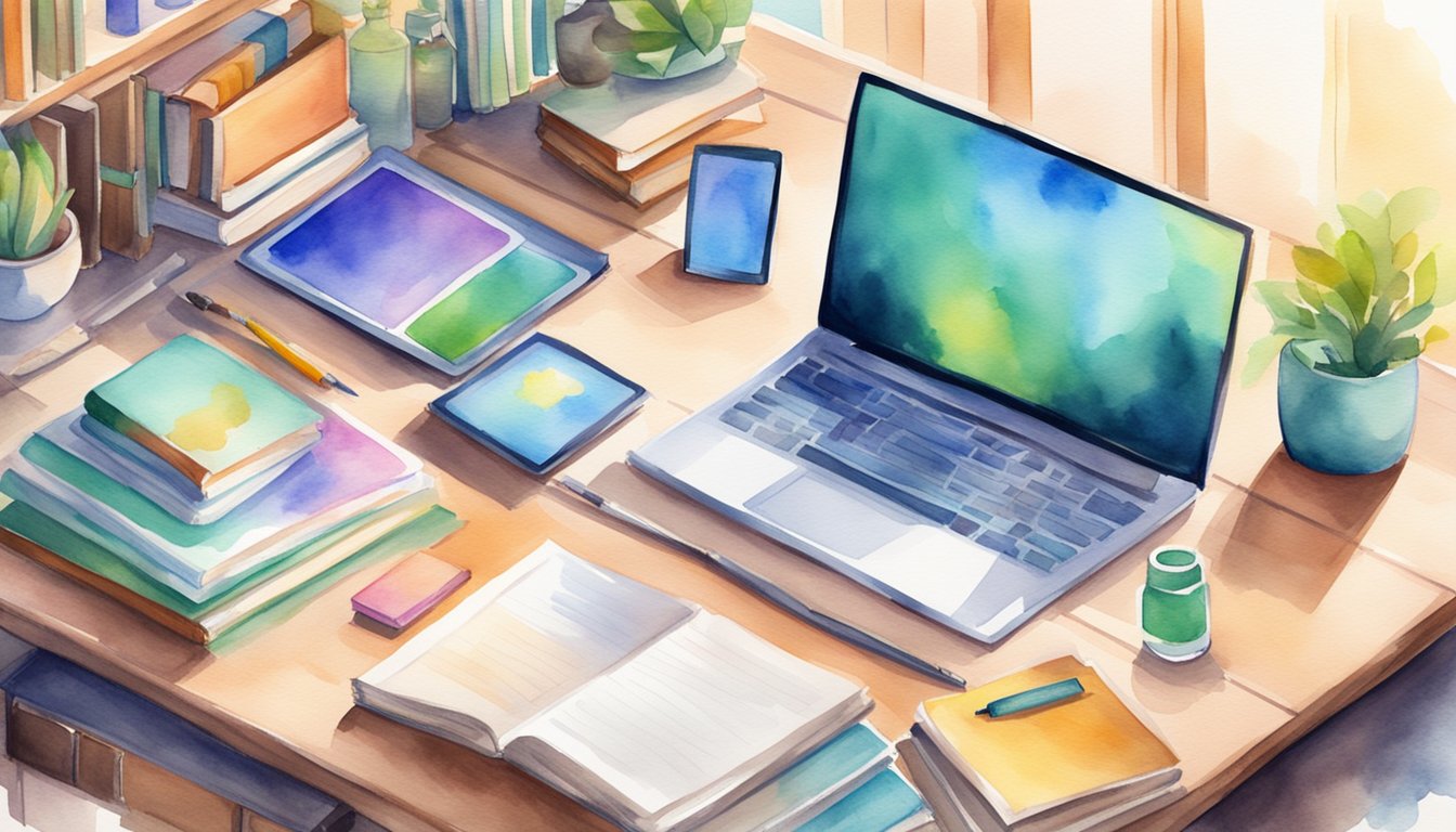 A laptop and tablet sit on a desk surrounded by books and educational materials.</p><p>A bright screen displays online resources for homeschoolers