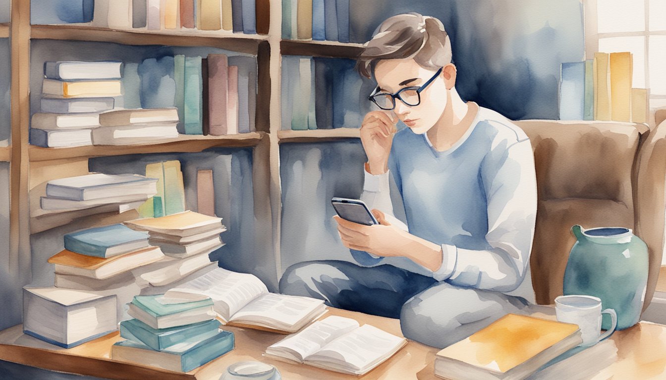 A person using a smartphone to access language learning apps, surrounded by books and notes.</p><p>The person looks determined and focused on overcoming language learning challenges