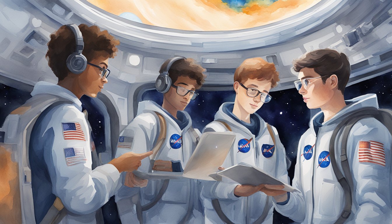 A group of high school students explore space science using NASA's Visualization Explorer 7 app, engaging with interactive visuals and data