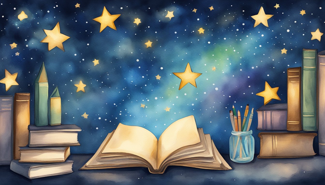 A starry night sky with seven shining stars falling gracefully, surrounded by books and educational materials, symbolizing the top reading tutoring programs for kids