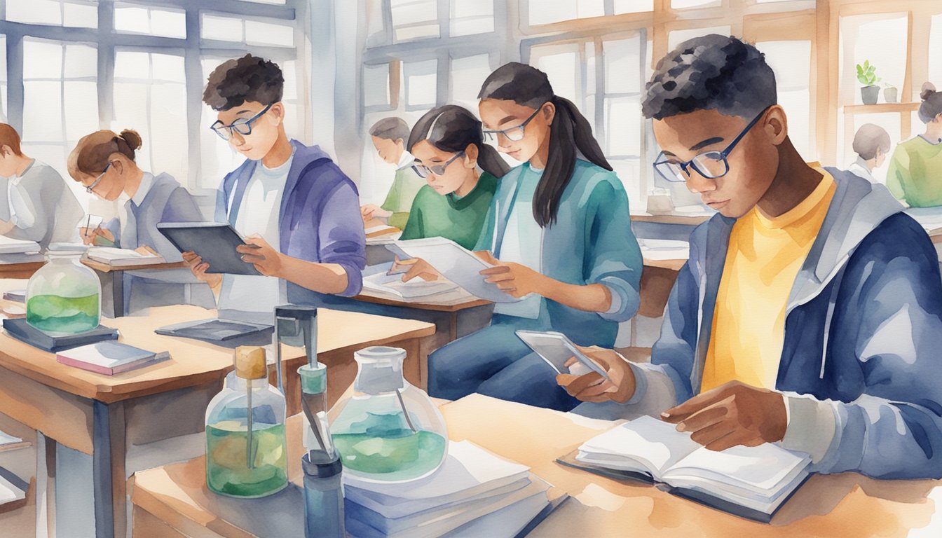 High school students using science apps on their devices, surrounded by textbooks and lab equipment, engaged and learning