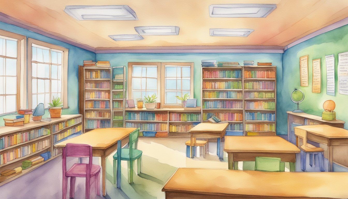 A colorful classroom with bookshelves, cozy reading nooks, and a teacher's desk.</p><p>Posters and charts display reading strategies and vocabulary.</p><p>Tables are set up for one-on-one tutoring sessions