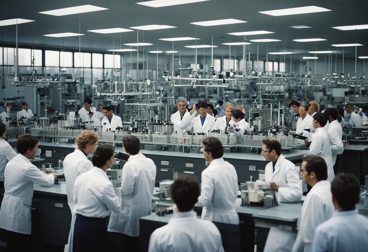 A bustling laboratory with scientists conducting experiments, while a crowd outside cheers and holds signs in support of the scientific revolution