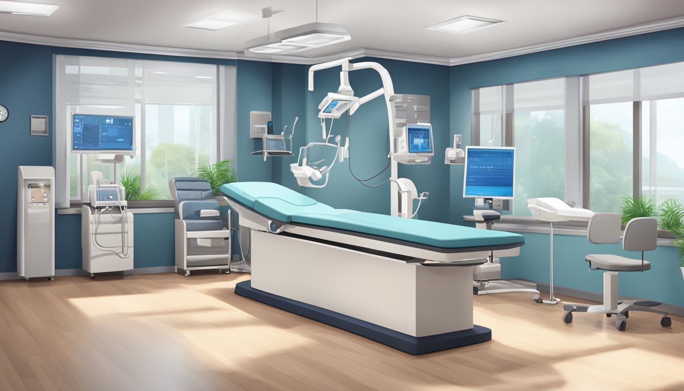 A modern cardiology clinic interior with Dr. Peter Yan's name prominently displayed. Medical equipment and comfortable seating for patients