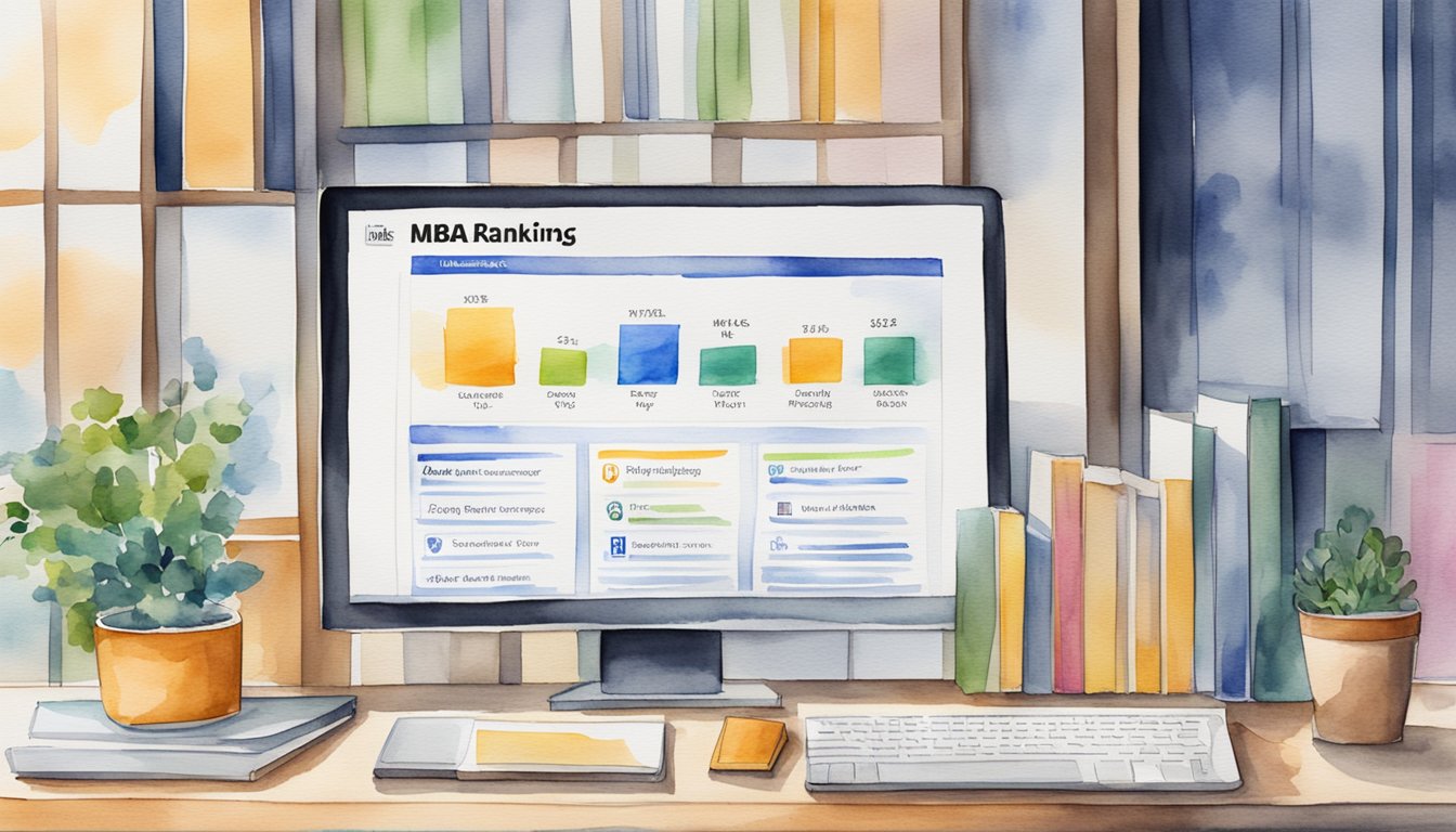 A computer screen displaying the Bloomberg Businessweek MBA Rankings and seven best websites for business school reviews and rankings