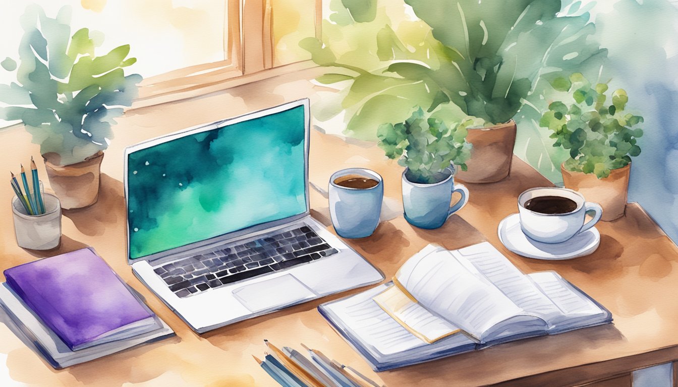 A laptop displaying "Magoosh 7 Best Online Tutors for SAT Prep" on a desk with study materials and a cup of coffee