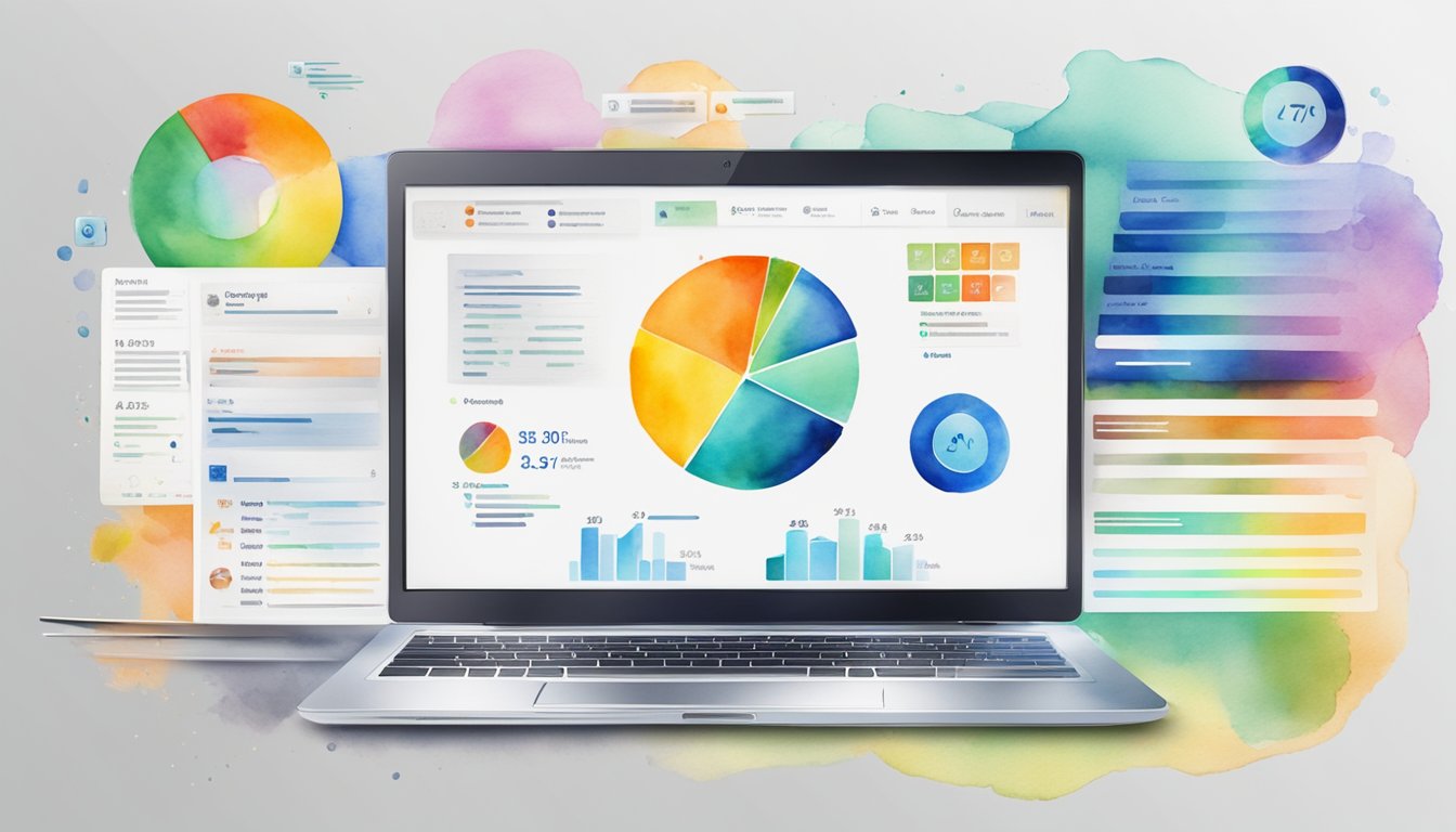 A computer screen displays 7 website logos with business school reviews and rankings.</p><p>Graphs and charts show ratings and statistics