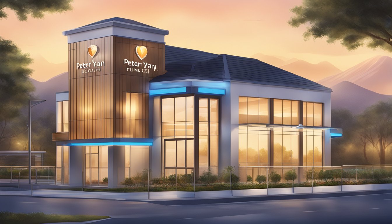 A modern clinic exterior with clear signage displaying "Peter Yan Cardiology Clinic." The sun is setting, casting a warm glow on the building