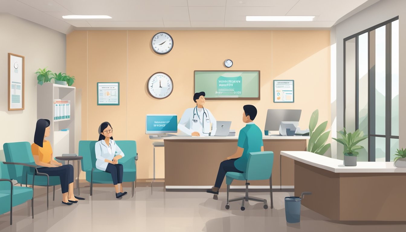A busy clinic waiting room with patients seated, receptionist at desk, and a sign displaying "Frequently Asked Questions Dr Yan Chee Hong Peter - Peter Yan Cardiology Clinic | SG Cardiologist"