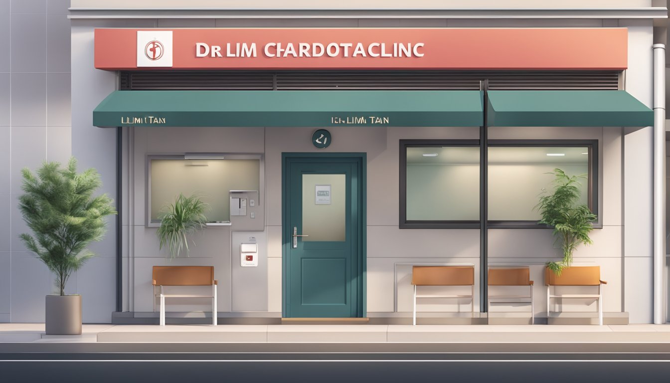 A modern cardiology clinic with a sleek sign reading "Dr Lim Tai Tian Cardiology Clinic". The exterior is clean and professional, with a welcoming atmosphere