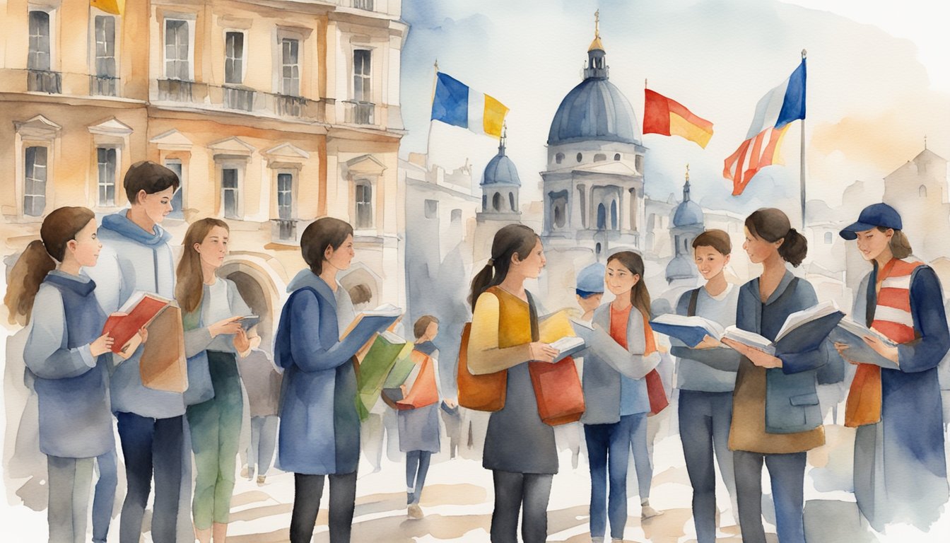 A group of students exchange books and flags, surrounded by iconic European landmarks