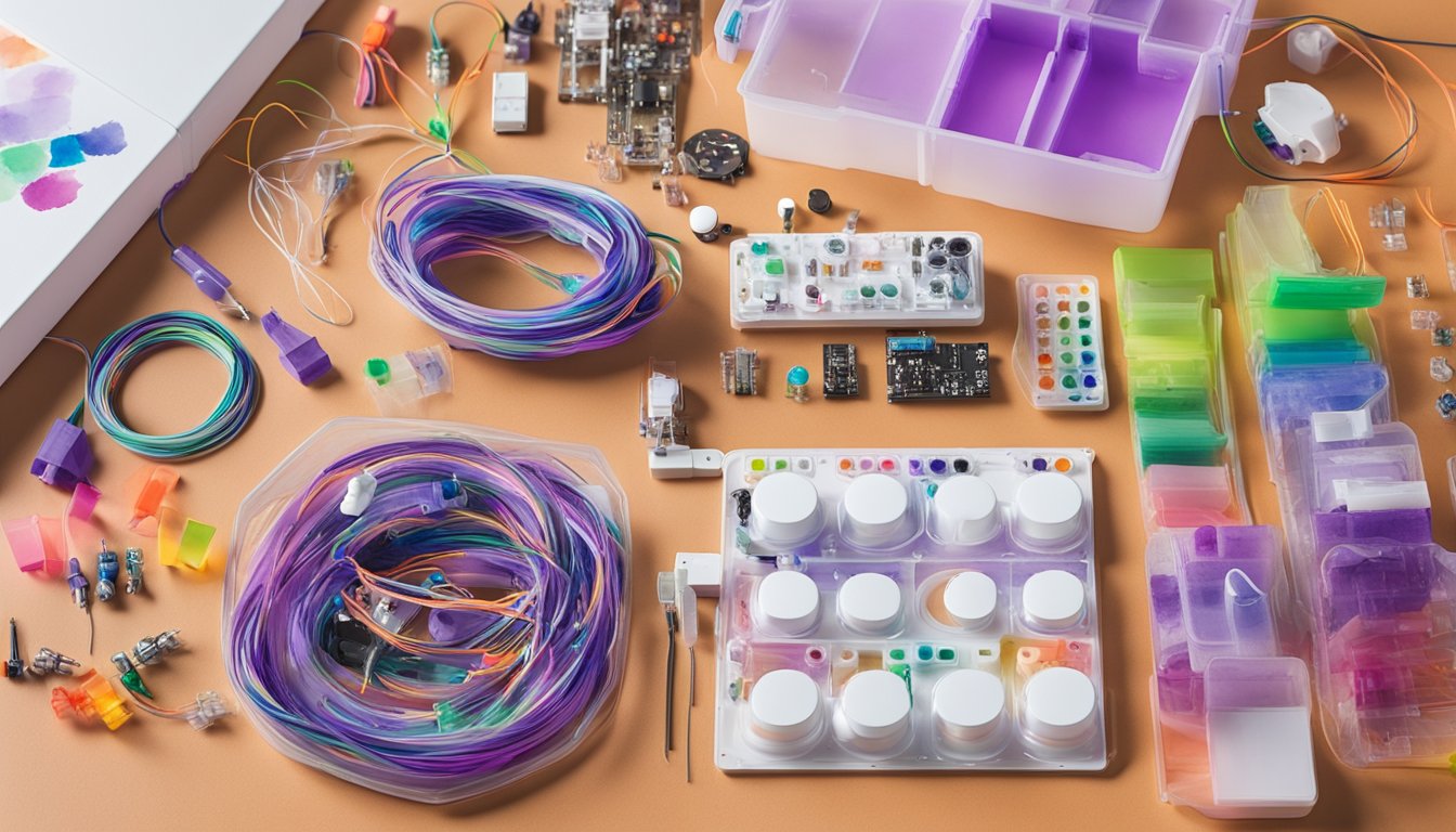 The littleBits Electronic Music Inventor Kit is laid out on a table, with various electronic components and colorful wires spread out neatly, ready to be assembled