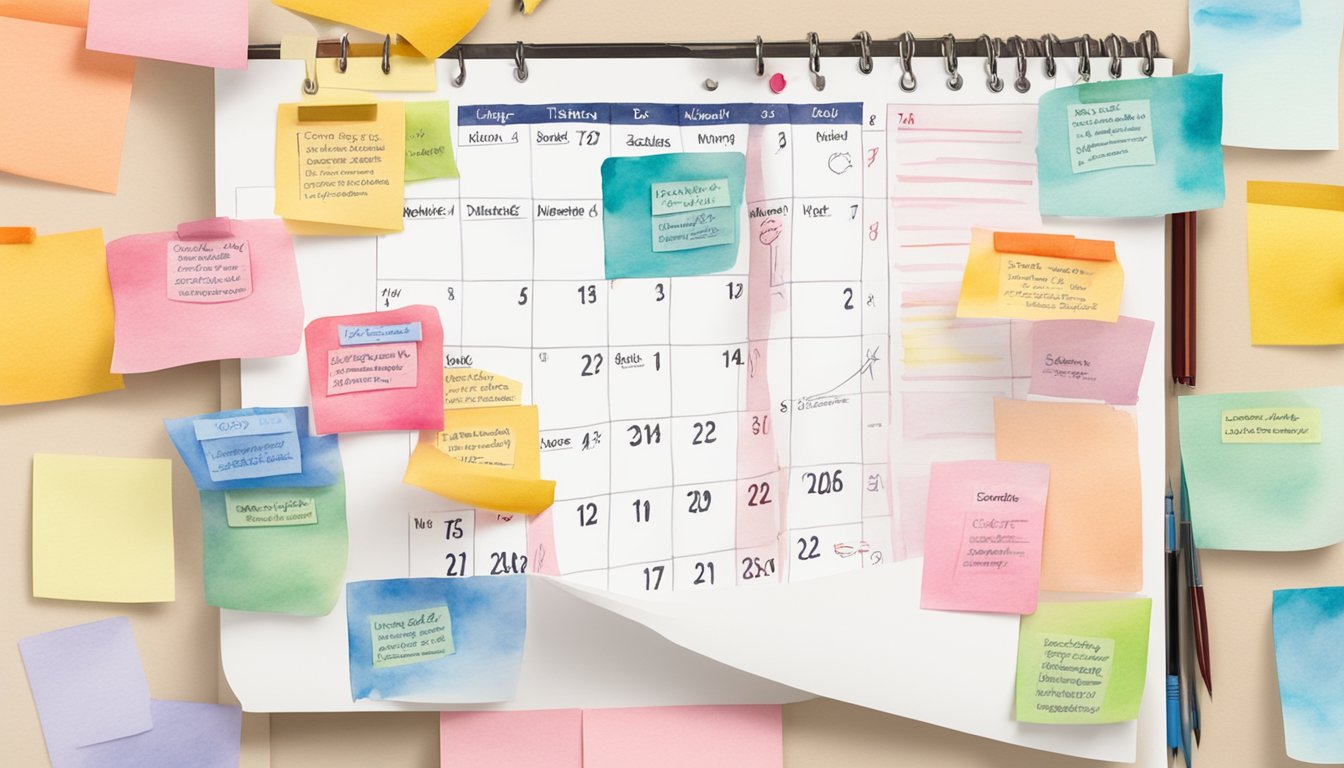 A calendar with seven important college application deadlines circled in red, surrounded by sticky notes with strategies for meeting deadlines written on them