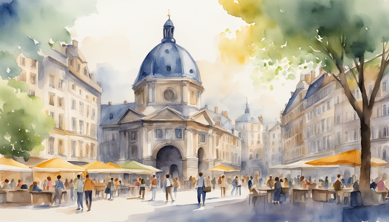 A bustling European city square with iconic university buildings and students from various cultures attending summer classes