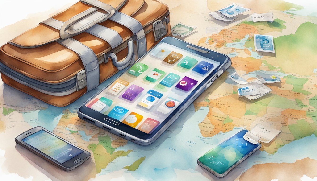 A smartphone with language exchange apps displayed on the screen, surrounded by travel-related items like a passport, map, and suitcase