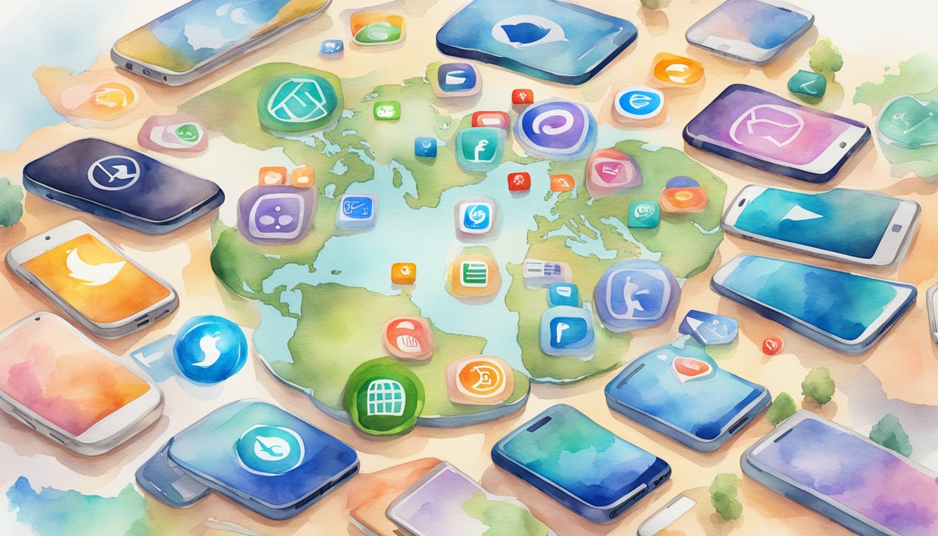 A group of smartphones arranged in a circle, each displaying a different language exchange app logo.</p><p>The background shows a map with various international landmarks