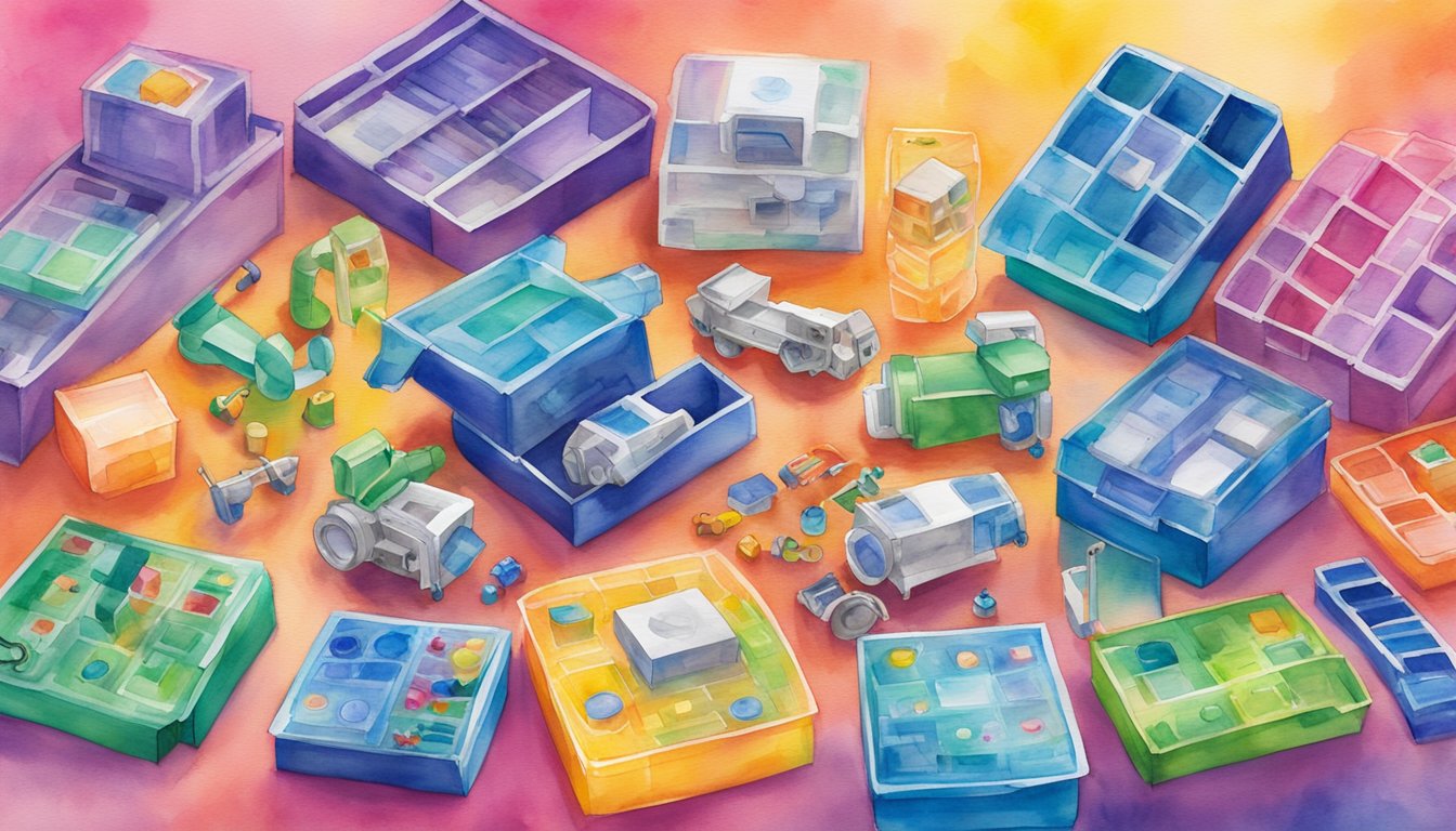 A colorful array of Elenco Teach Tech Mech-5 STEM kits arranged on a vibrant background, showcasing their educational and interactive components