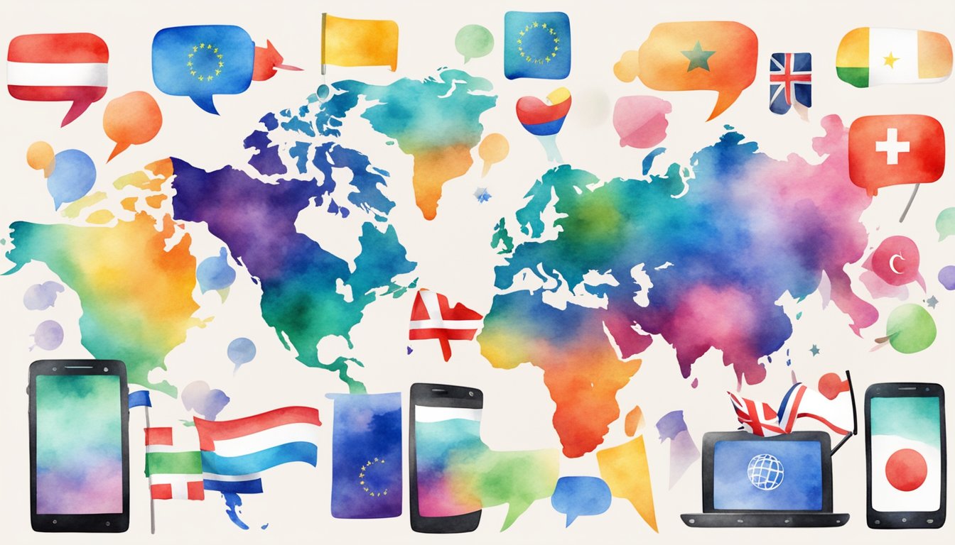 Colorful smartphones with speech bubbles and flags floating above.</p><p>Icons of different languages surround them.</p><p>A world map serves as the background