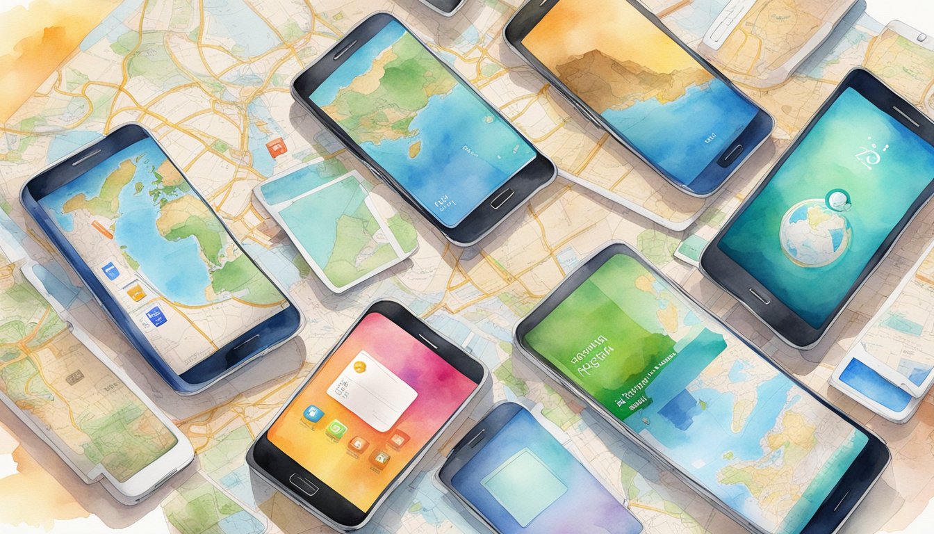 A group of 7 smartphones with language exchange apps displayed on their screens, surrounded by travel-related items such as maps, passports, and suitcases